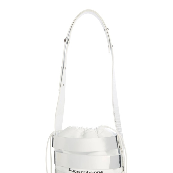 PACO RABANNE Silver Metallic Mirror Cage Faux Leather Large Bucket Bag - Picture 13 of 15